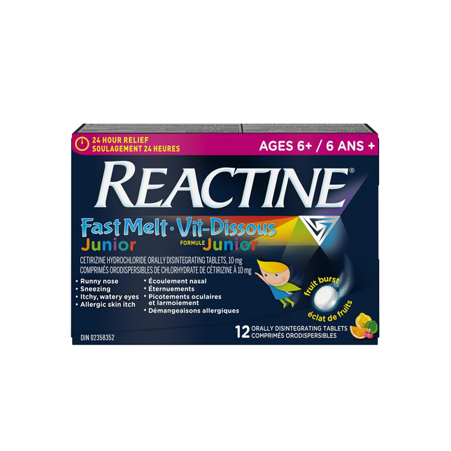 Reactine - Comprimés anti-allergie Junior Fast Melt 10 mg - Saveur Fruit Burst | 12 comprimés à désintégration orale