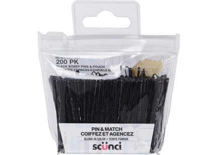 Scünci - Pin & Match Bobby Pins & Pouch, Black | 200 Pack