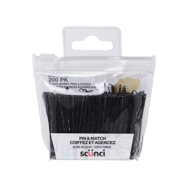 Scünci - Pin & Match Bobby Pins & Pouch, Black | 200 Pack