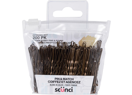 Scünci - Pin & Match Bobby Pins & Pouch, Brown | 200 Pack