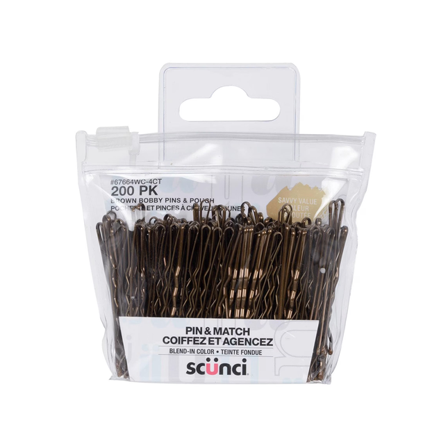 Scünci - Pin & Match Bobby Pins & Pouch, Brown | 200 Pack