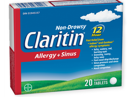 Claritin - Non-Drowsy 12H Allergy + Sinus Relief Tablets | 20 Tablets