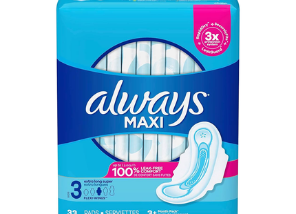 Always - Maxi Extra Long Super Pads with Flexi Wings, Size 3 | 33 Pads