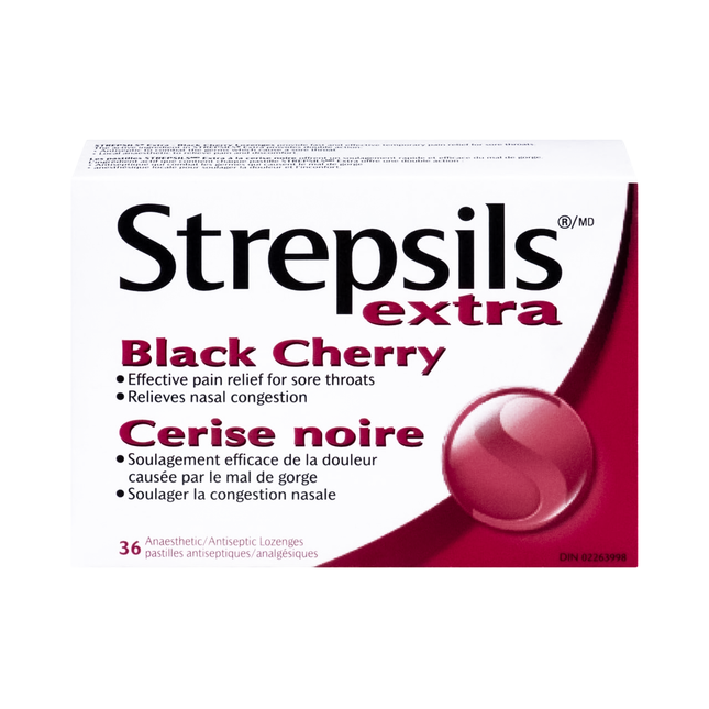 Strepsils - Extra Strength Anesthetic & Antiseptic Lozenges - Black Cherry | 36 Lozenges