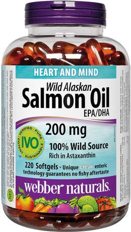 Webber Naturals Huile de saumon sauvage d'Alaska 200 mg EPA/DHA | 220 gélules entériques claires