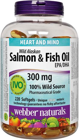 Webber Naturals Huile de saumon et de poisson sauvages d'Alaska 300 mg EPA/DHA | 220 gélules entériques transparentes