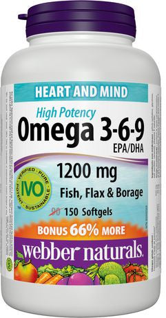 Webber Naturals® Omega 3-6-9 High Potency Fish, Flax & Borage - 1200 mg | BONUS 90+60 Softgels