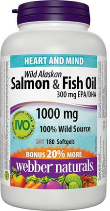 Webber Naturals Huile de saumon et de poisson sauvages d'Alaska - 1000 mg | BONUS 150+30 Gélules
