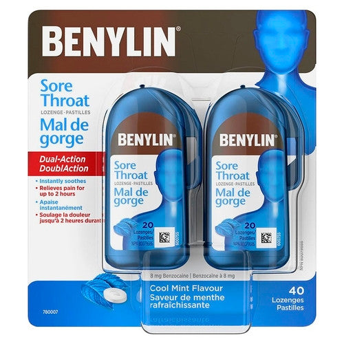 Benylin - Dual Action Sore Throat Lozenges - Cool Mint Flavour  | 40 Lozenges