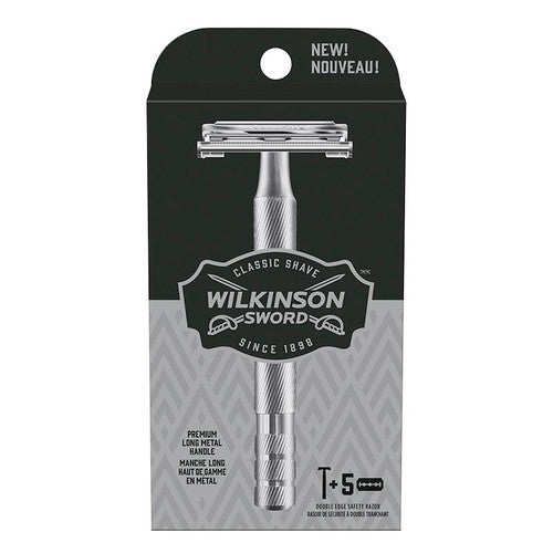 Wilkinson Sword Rasoir à long manche en métal de qualité supérieure | 1 poignée et 5 lames de sécurité à double tranchant