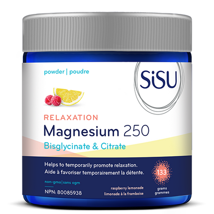 Sisu - Bisglycinate et citrate de magnésium 250 pour la relaxation - Formule poudre - Saveur framboise limonade | 133g*