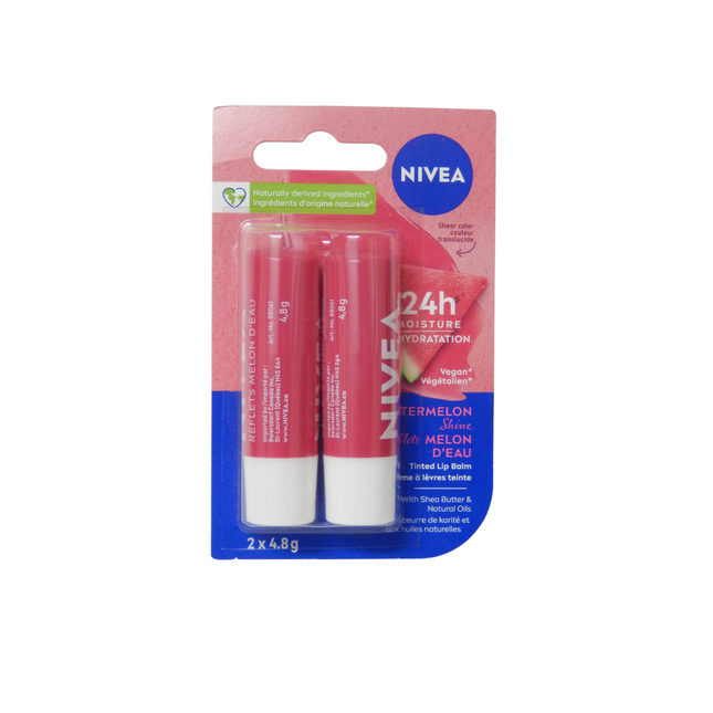 Nivea - Hydratation 24H - Brillance pastèque - Baume à lèvres teinté scintillant | 2X4,8g